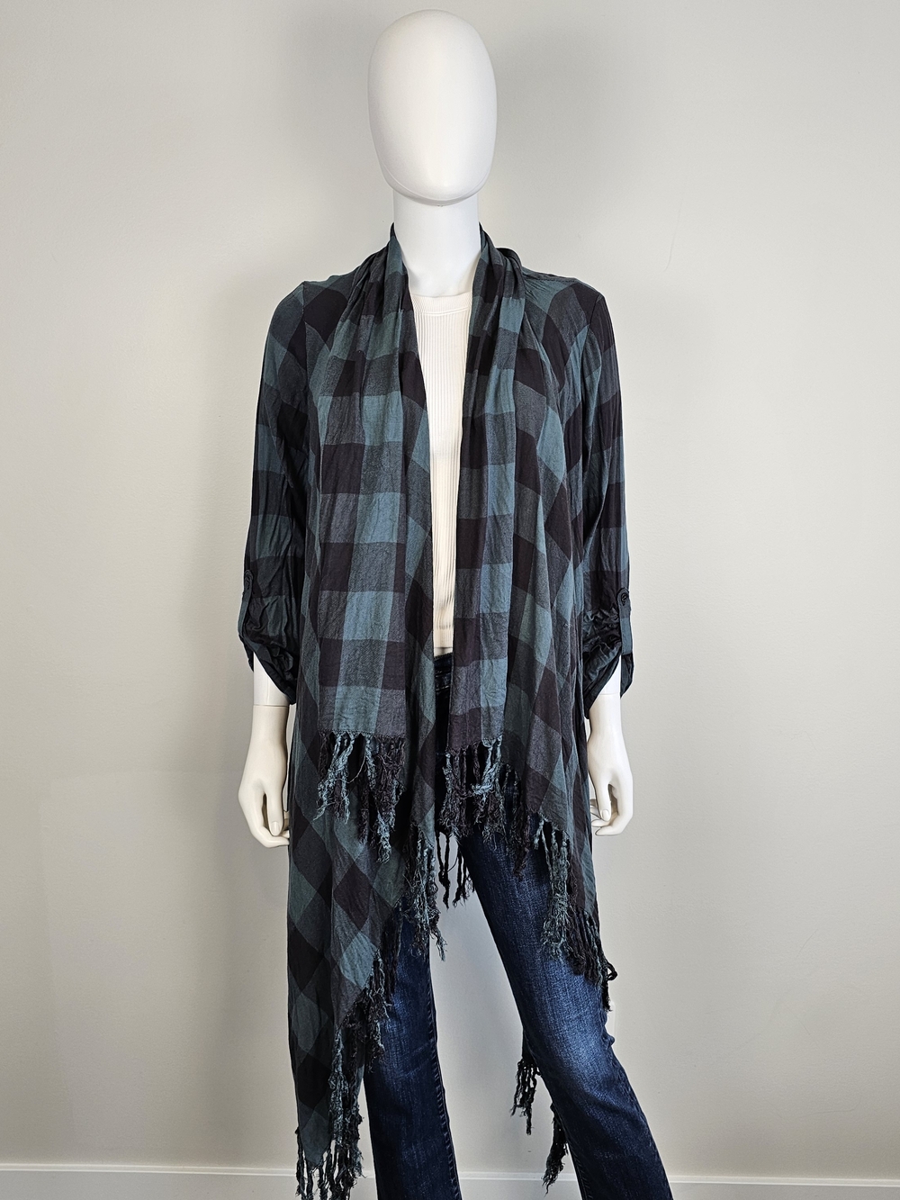 Harley-Davidson Dark Green Black Checkered Fringe Cardigan Sz M